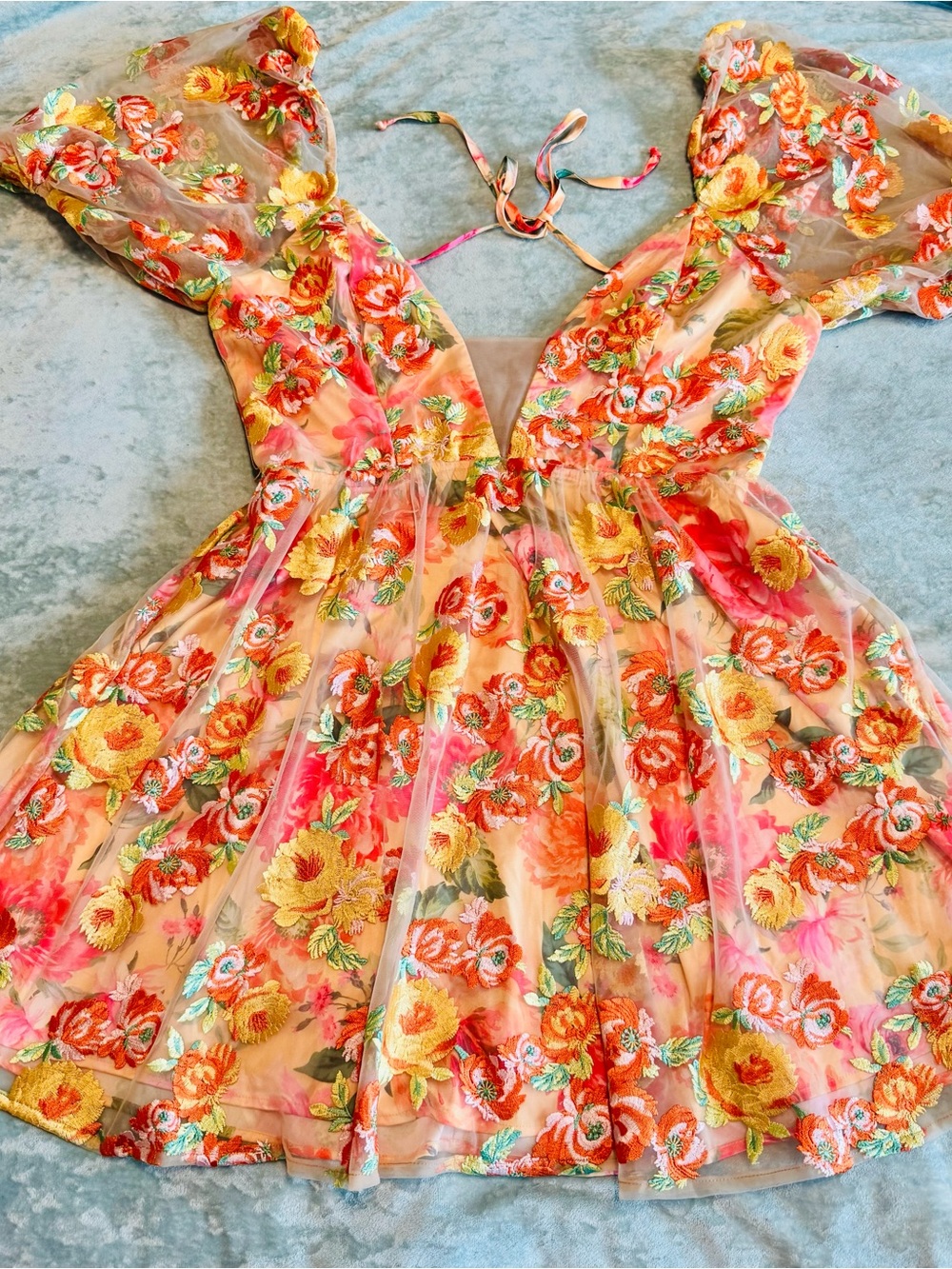 For Love & Lemons Floral Embroidered Peach, Pink & Yellow Dress